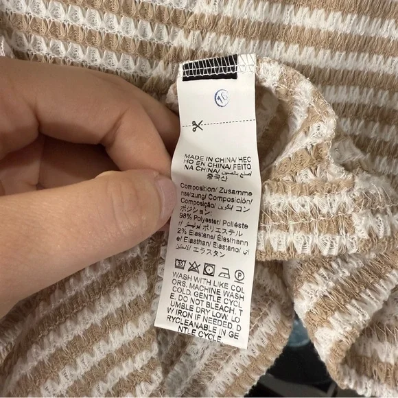 Oyoangle Tan and White Stripe Knit V Neck Button Down Women’s Cropped Vest - Picture 2 of 4